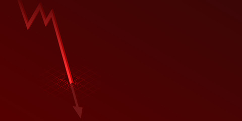 Economic crisis illustration with copy space, Down red arrow crash to ground graph isometric.