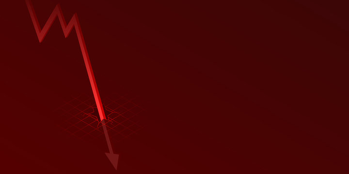 Economic crisis illustration with copy space, Down red arrow crash to ground graph isometric.