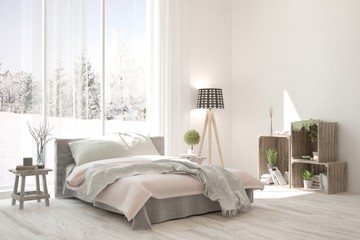 Natural wooden bedroom in white color with winter landscape in window. Scandinavian interior design. 3D illustration