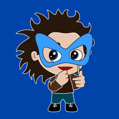 emoticon with mysterious boy holding a carnival mask that merely covers face, simple colored  vector emoji 