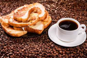 croutons, Cup of coffee background coffee beans