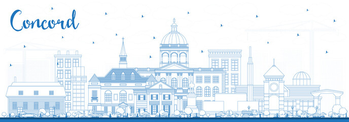 Outline Concord New Hampshire City Skyline with Blue Buildings.