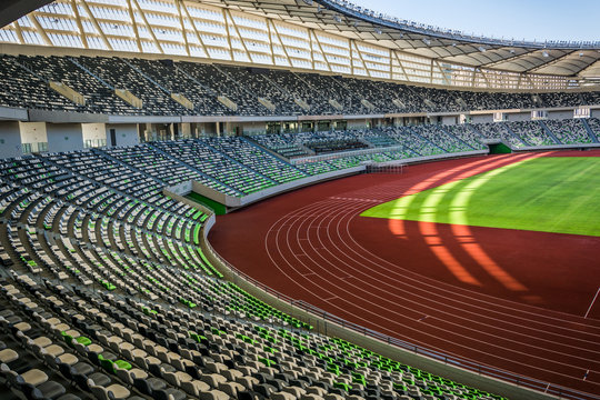 Panoramic View Of Soccer Field Stadium And Stadium Seats