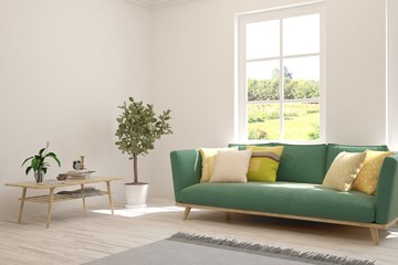 Minimalist living room in white color with sofa and summer landscape in window. Scandinavian interior design. 3D illustration