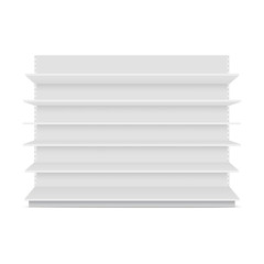 Blank empty showcases display with retail shelves. Front view. Vector mock up.