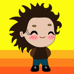 emoji with japanese styled boy with closed eyes, long eyelashes, blushed cheeks and a shy smile, simple colored emoticon