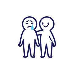 Illustration of a deformed simple human holding his right hand on the back of a weeping person