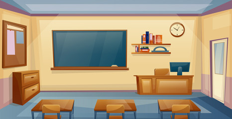 School Classroom Interior with desk and board. Lesson. Empty University room.Vector cartoon 