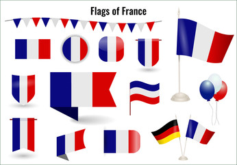 A large set of icons and signs with the flag of the France. Square and round France flag. Collection of different types of horizontal and vertical.