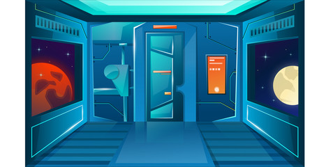 Hallway in spaceship with porthole and camera. Planets. HUD futuristic user interface . Interior room with door. Background for games and mobile applications. Vector cartoon background