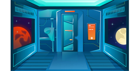 Hallway in spaceship with porthole and camera. Planets. HUD futuristic user interface . Interior room with door. Background for games and mobile applications. Vector cartoon background © Igor