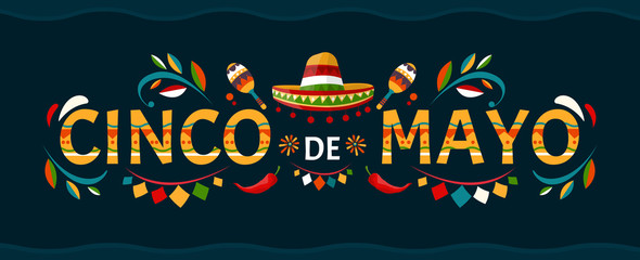 Cinco de mayo.May 5 holiday in Mexico. Poster with grunge texture. Chili peppers and sombrero. Cartoon style. Vector banner.