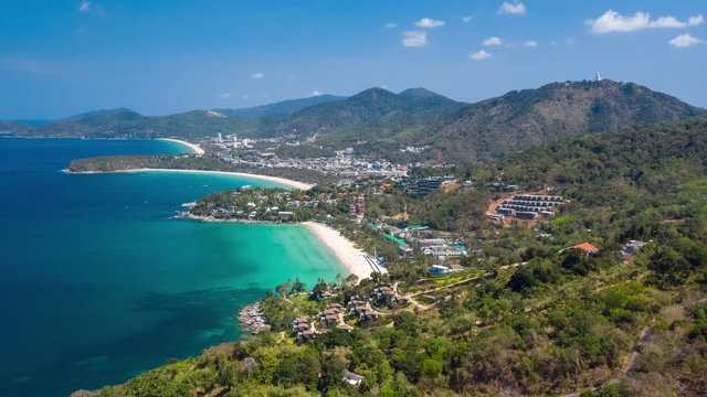 Aerial hyperlapse of the coastline of Phuket island in Thailand. Kata Noi, Kata and Karon beaches are in the frame