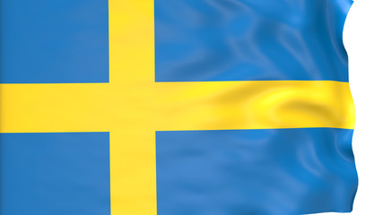 flag of Sweden waving in the wind in front of white background. Official Nation Flag Isolated on White Background. 3D Render.