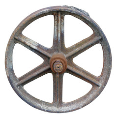Rusty metal  aged wheel from an retro  agricultural  tractor  and machinery with lichen spots isolated