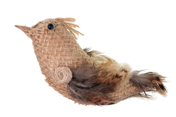 Funny handmade Easter  bird are made of linen ropes and quail feathers   isolated
