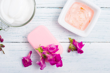 skin care products on white wood