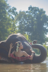Beautiful thai women wearing traditional thai clothes standing on an elephant in nature park thailand, woman concept