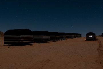 Fototapeta na wymiar Bedouin tent camp under the stars of Wadi Rum, Jordan, at night