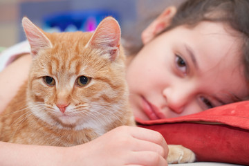 A girl of European appearance hugs a cat and smiles. Portrait of a girl with a red cat. Relations between children and pets.