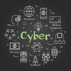 Vector round line banner of Cyber technology on black