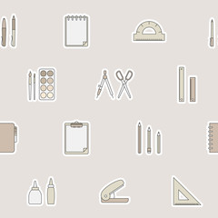 Stationery - Vector color background (seamless pattern) of pencil, pen, ruler, scissors, eraser, marker, paintbrush, glue for graphic design
