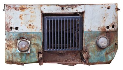 Broken glass headlights an radiato  on the rusty iron of a blue vinatge  bus isolated