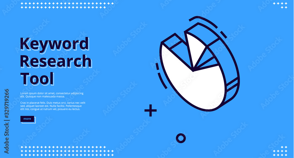 Poster keyword research tool banner with isometric chart on blue background. vector landing page of seo opt