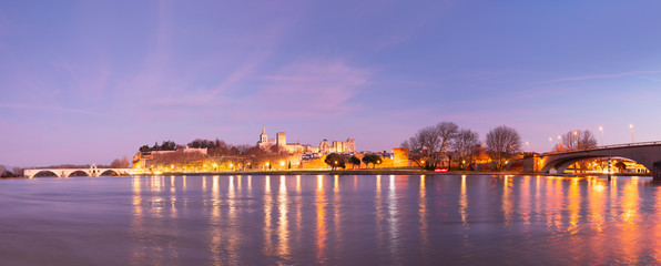 Pont Saint Benezet bridge on the Rhone River  and  Palace of the Popes ( Palais des Papes) and Avignon Cathedral - Avignon city, France 