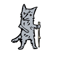 The gray wolf is leaning on a stick. Vector illustration in cartoon style. Isolated on a white background.