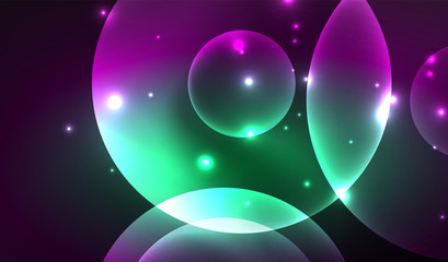 Glowing neon shiny transparent abstract geometric shapes with light effects. Techno futuristic vector abstract background For Wallpaper, Banner, Background, Card, Book Illustration, landing page