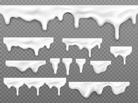 Realistic dripping milk drops, melted white liquid yoghurt, mayonnaise splashes, glossy seamless cream border with falling droplets, molten texture isolated on transparent background, 3d vector mockup