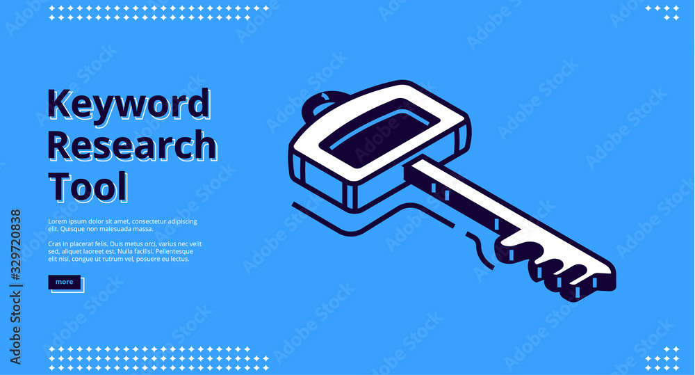 Poster keyword research tool banner with isometric icon on blue background. vector landing page of seo opti