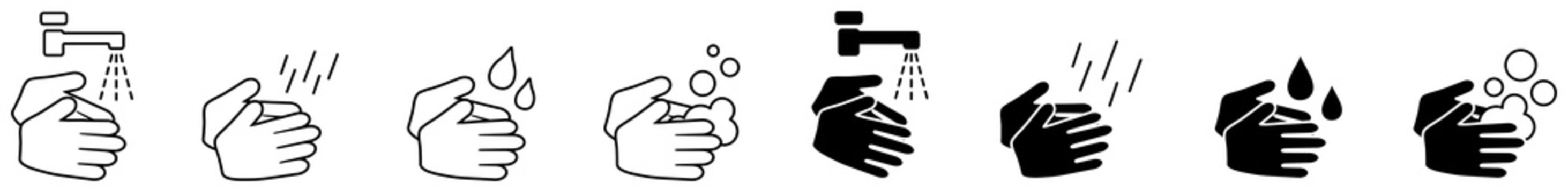 Wash your hands icons set, simple black and white hand drawing with water tap, drop, soap bubble sign