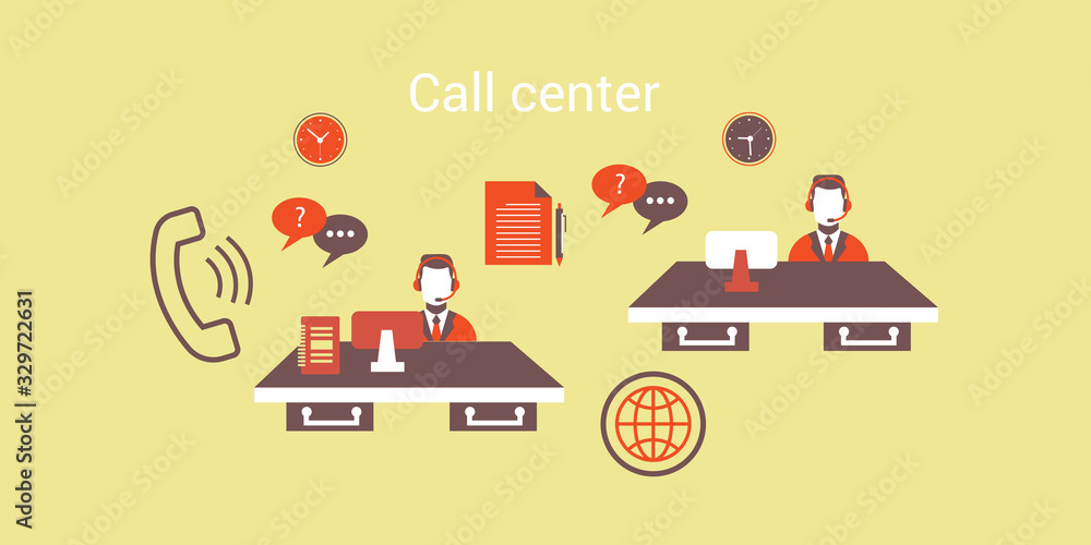 Poster call center operators at work flat vector concept