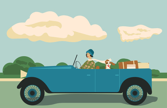 Girl rides in vintage car with dog. Retro style illustration.