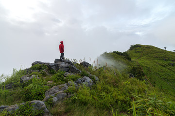 View of a man stand on the top of the peak of Pha Tang in Chiang Rai, Thailand.