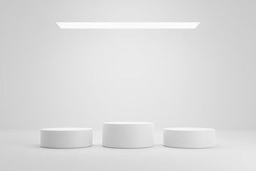 Empty pedestal or winner podium display on white room and light background with futuristic stand...