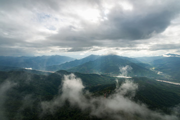 Beautiful view of Khong river and mountain layers from Pha Tang view point in Chiang Rai, Thailand.