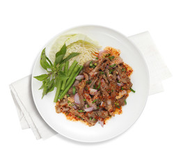 thai spicy beef salad on white background