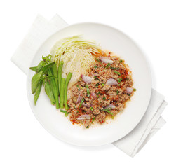 thai spicy beef salad on white background