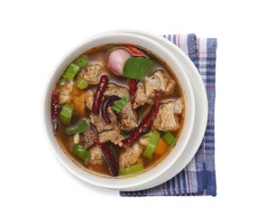 spicy thai red curry beef on white background