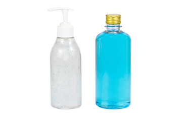 Hand wash gel and alcohol. Sanitizing hands to protect from getting flu. Antibacterial antiseptic on white background.
