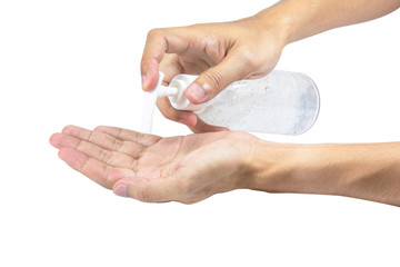 Man using squeezing hand sanitizer to palm. Sanitizing hands to protect from getting flu. Antibacterial antiseptic.