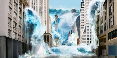 Big tsunami wave destroy city with flooding on streets with skyscrapers new yourk or tokio japan