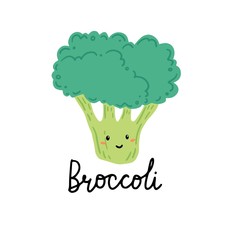Broccoli funny cartoon character. Vector illustration isolated. Concept of healthy food, vegetarian. Broccoli have abstract, cartoon, hand drawn style.