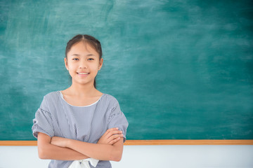 Young asian female student standing and smiles in front of green chalkboard background.