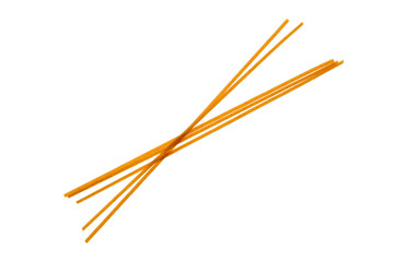 Top view of bigoli - extruded pasta in the form of a long and thick strand isolated on white