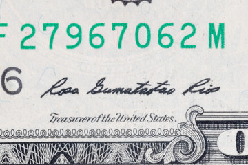 Treasurer of the United States Rosa Gumataotao Rios's signature on one US dollar bill.