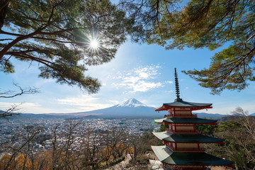 View of Chureito pagoda with Fuji mountain background in Fujiyoshida, Japan.